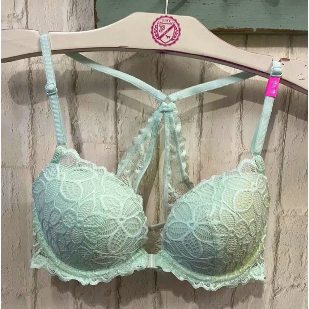 Victorias Secret PINK Front Close Lace Push Up Date Racerback Bra 32D NTW!